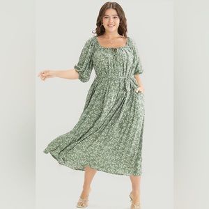 BloomChic Ditsy Floral Midi Dress 4X 26 Green Pockets Flutter Puff Sleeve Belt